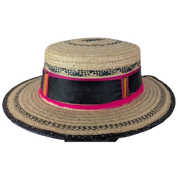 Woven Straw Hat with Black Pink Orange Ribbon Boater Summer Ceremonial Guatemala - Picture 1 of 11